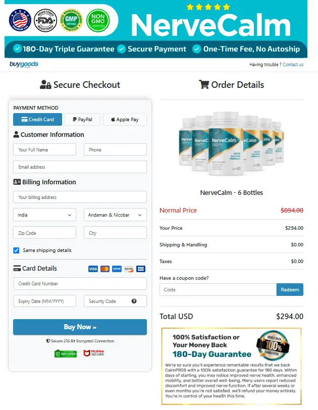 NerveCalm checkout page